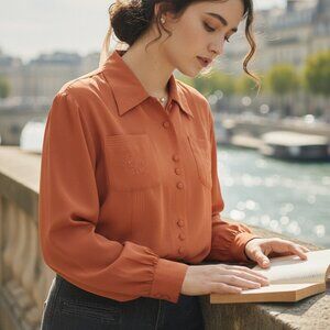 Vintage 80s secretary teacher puffy-sleeved button-up shirt with pointy collar